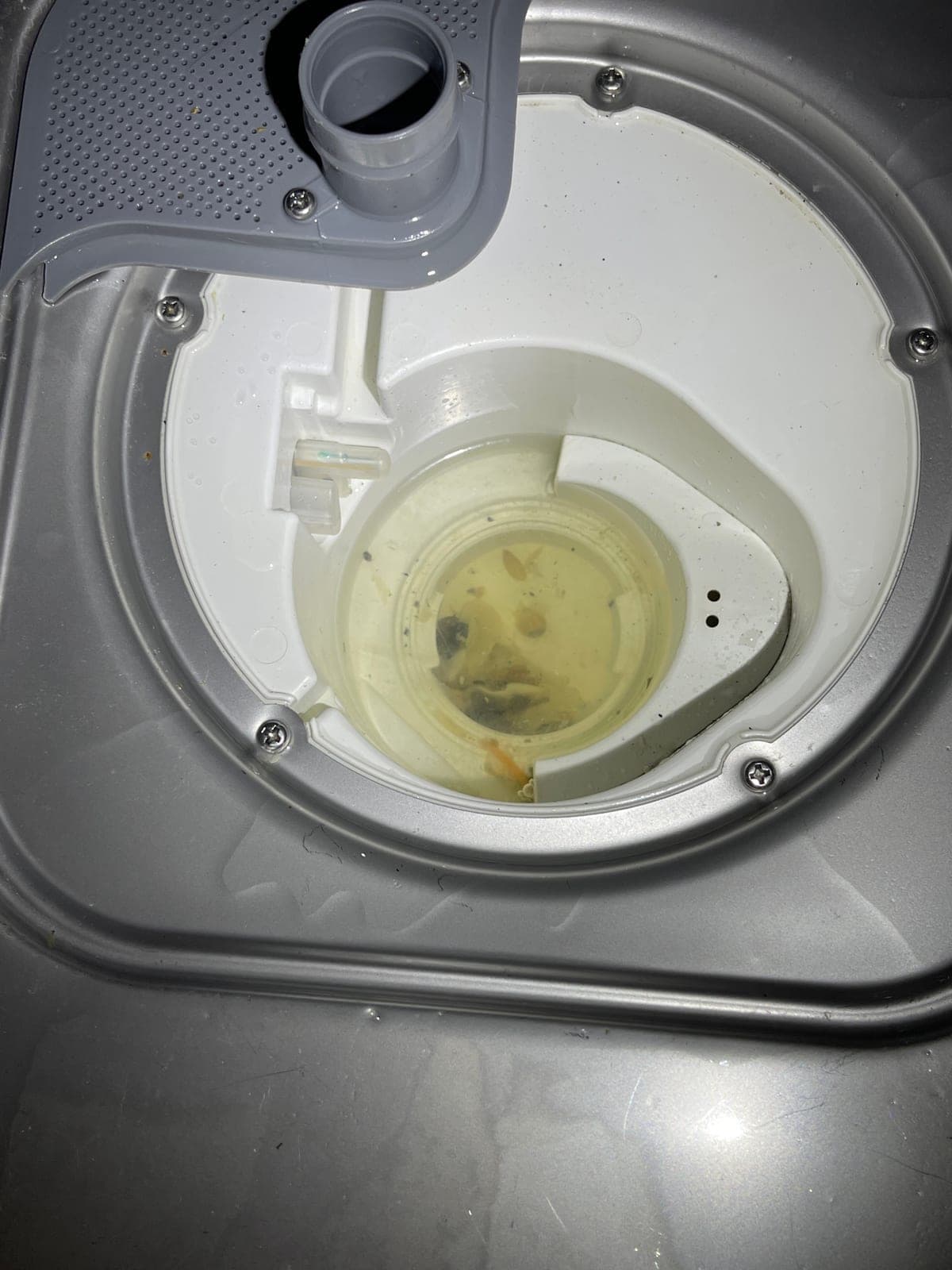 A dishwasher sump filter showing heavy build-up before cleaning.