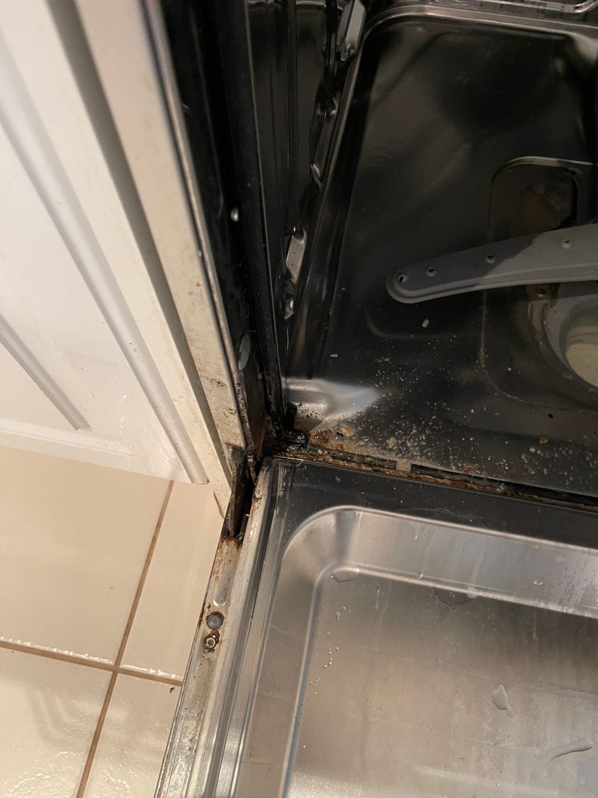 Grime built up along the door edge and seal channel of a dishwasher.