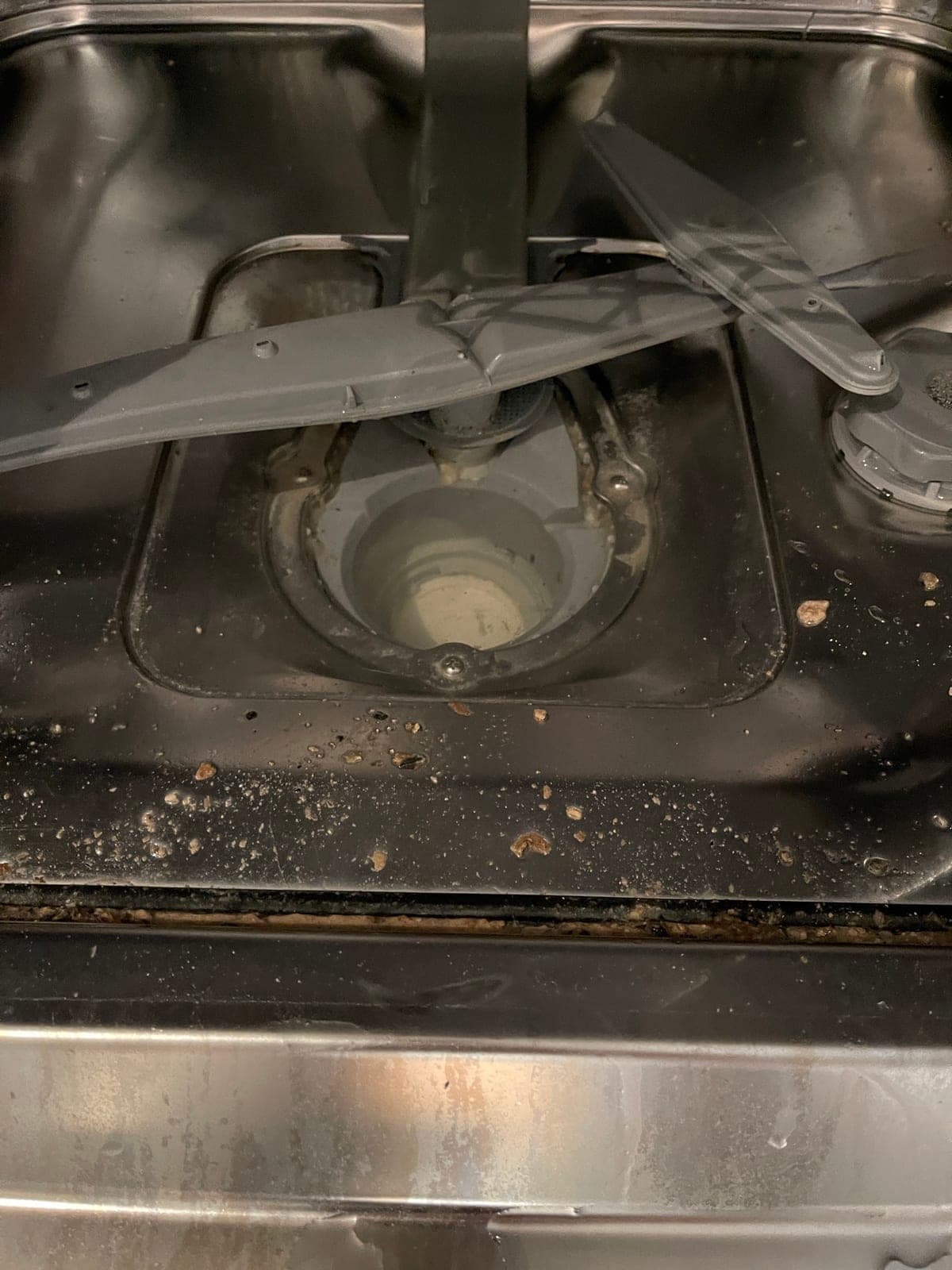 Food debris left around the spray arm and sump of a dishwasher.