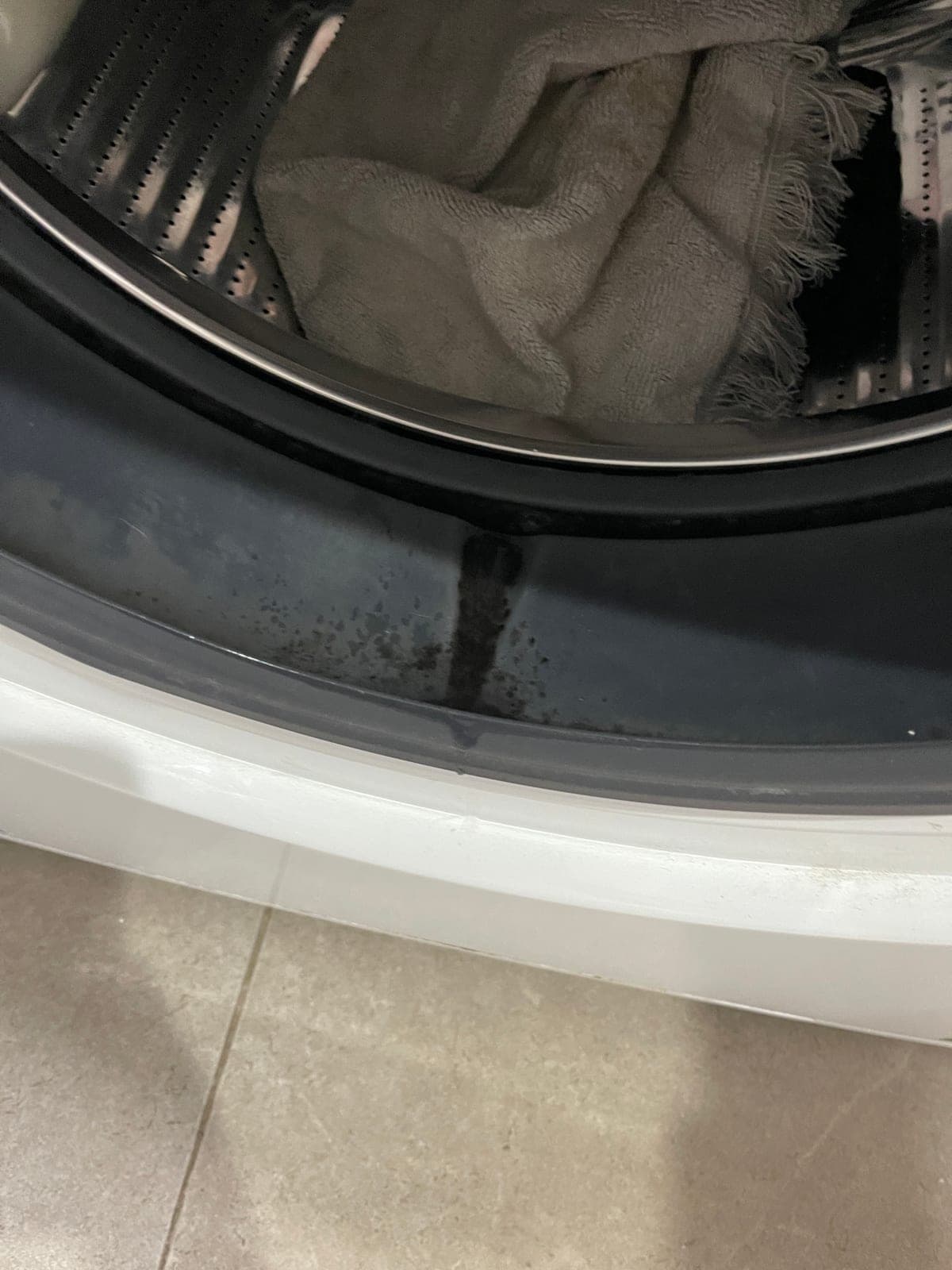 Grime built up in the folds of a washing machine door seal.